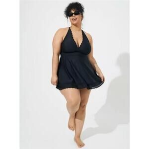 Torrid 1 Plus Size 1X Black Deep V-Neck Wireless Mid Length Lace Trim Swim Dress